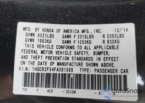 2015 Honda Accord Sport z USA, uszkodzony, nr VIN 1HGCR2F54FA091599